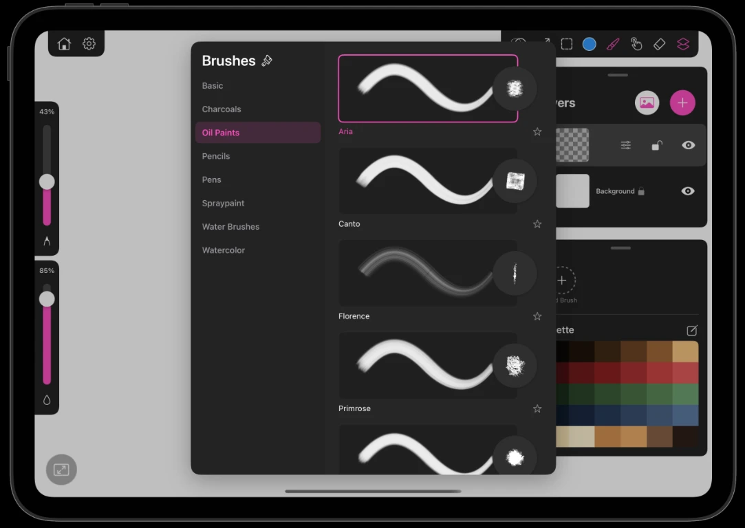 The brush library with categories on the left and brush previews in a grid