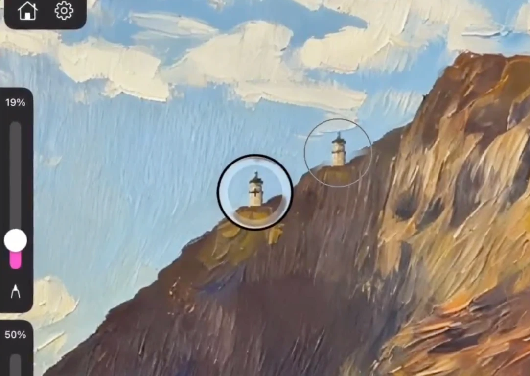 The clone stamp loupe positioned over a source area