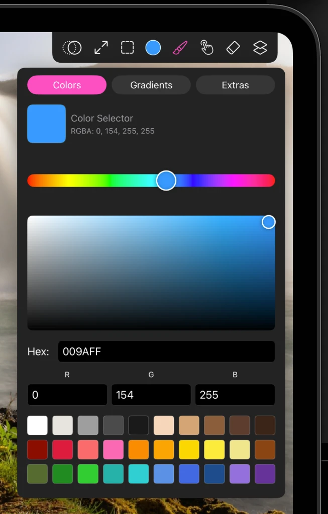 The color picker showing the hue ring and shade square