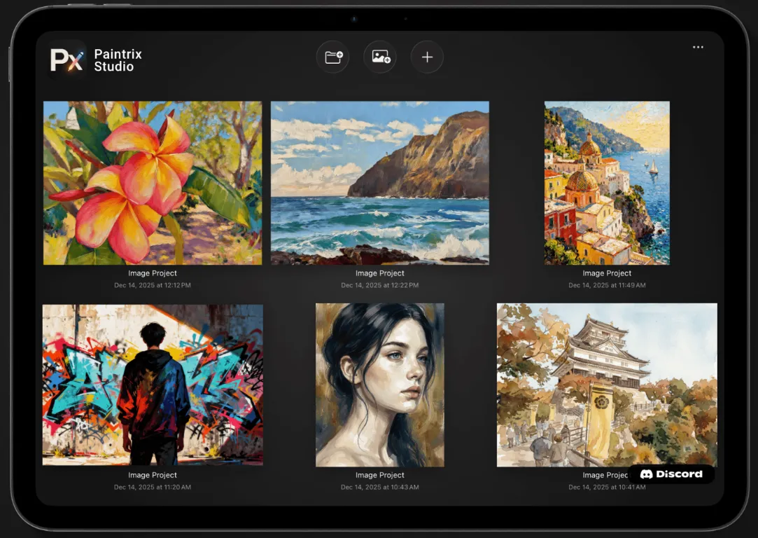 The Paintrix Studio home screen showing project thumbnails