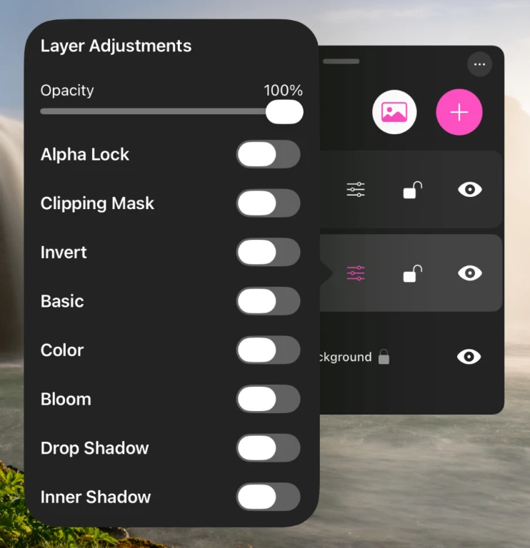 The layer adjustments panel with its filter sections