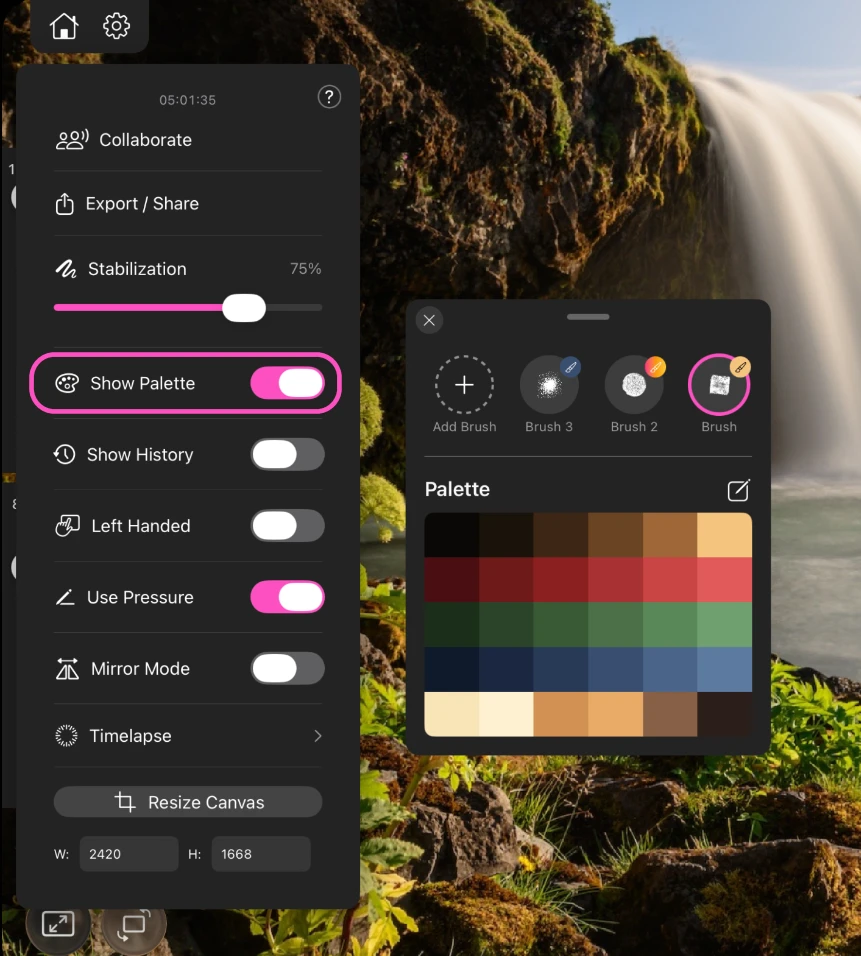 The floating palette with saved colors and brush presets