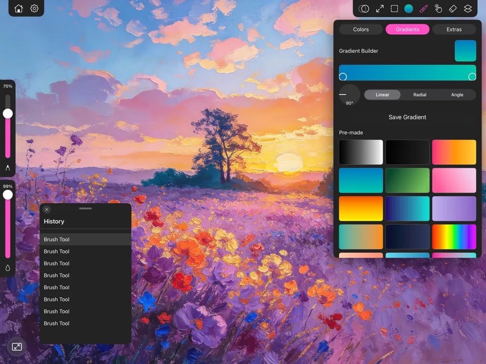 The gradient builder and history panel