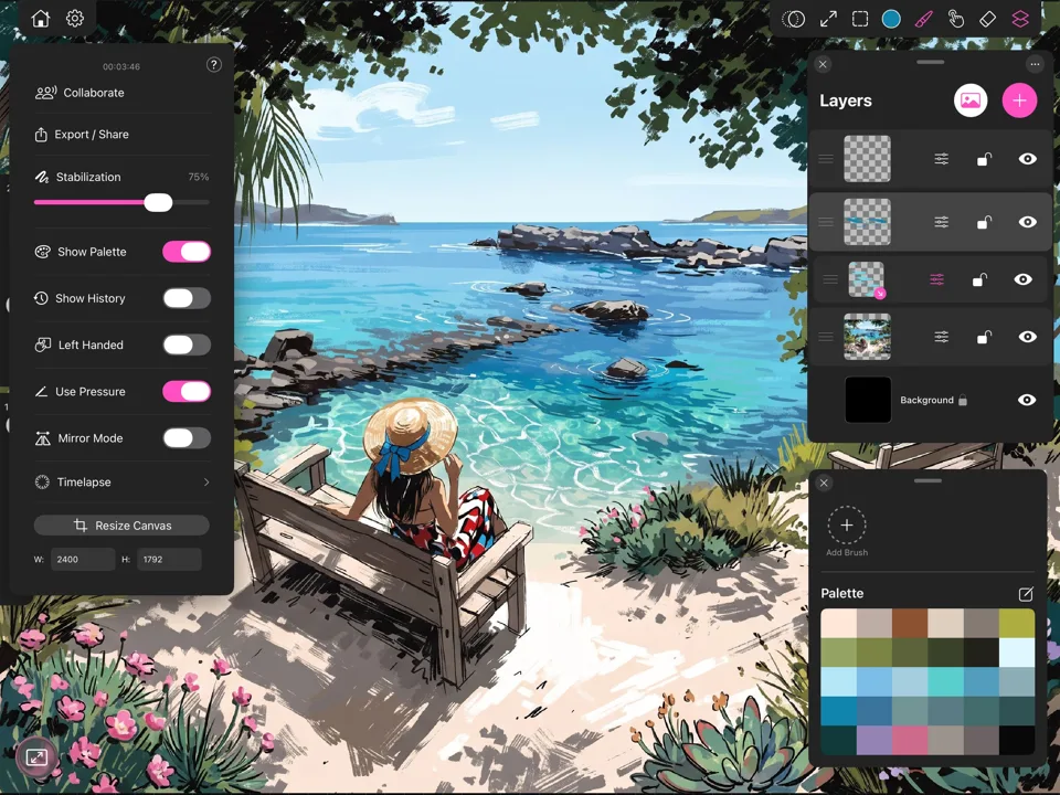 The settings menu and layers panel